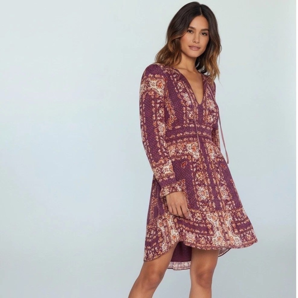 Free People Bridgette Mini Dress Women Small Maroon Floral Boho Long Sleeve